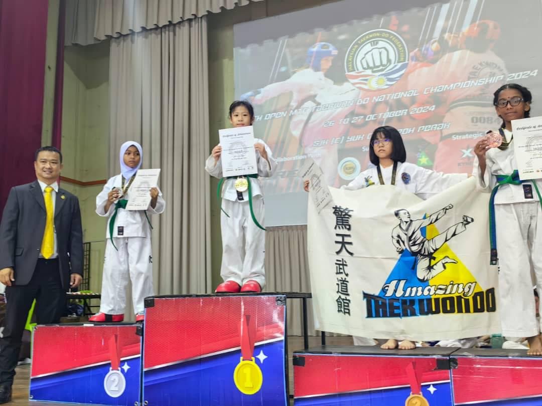 Young Taekwon-Do students on the podium with medals and certificates at the Open MTF Taekwon-Do National Championship 2024.